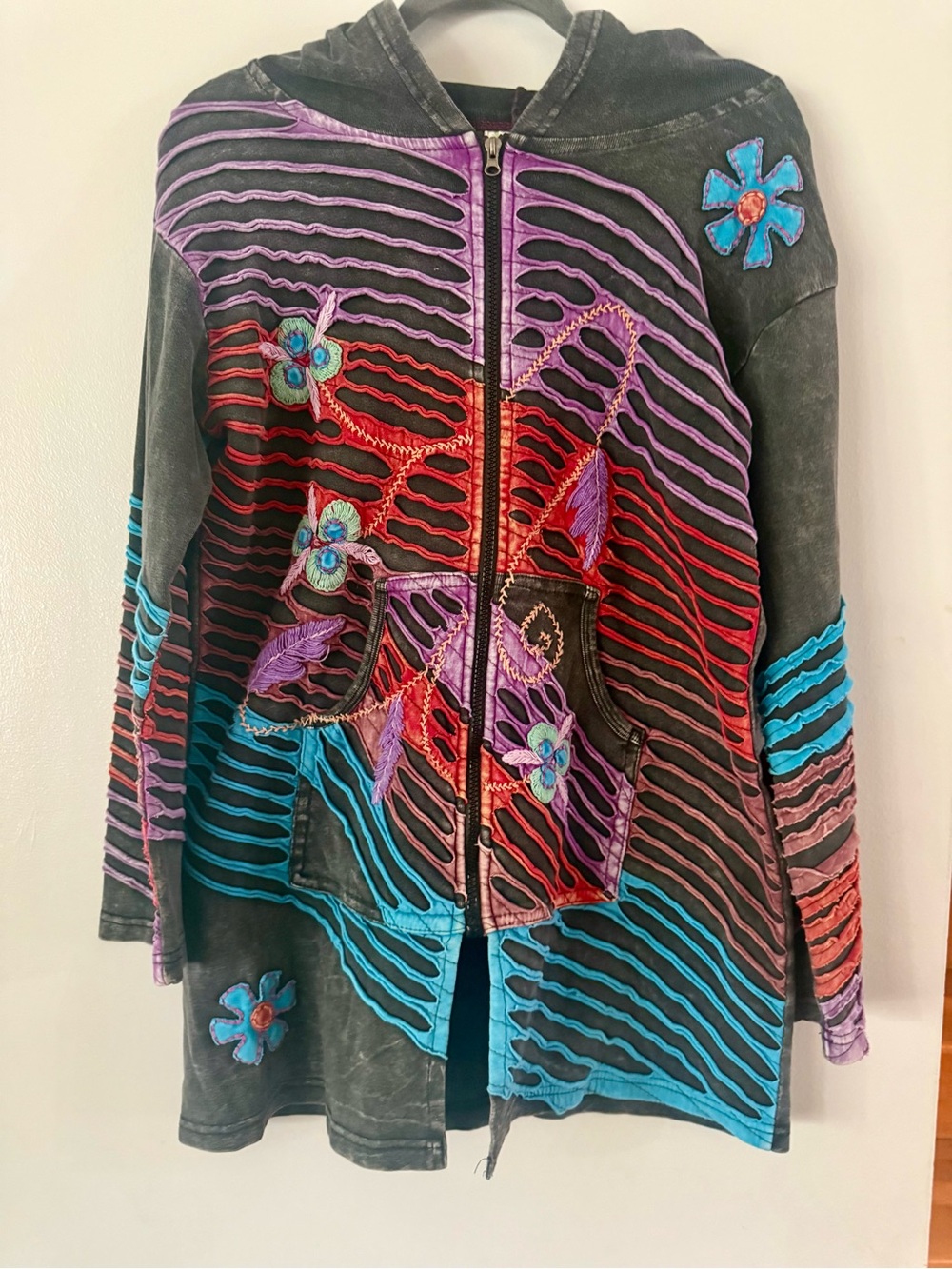 INDIA BOUTIQUE Boho Razor Cut Patchwork Long Zip Hoodie Jacket Nepal Hippie L